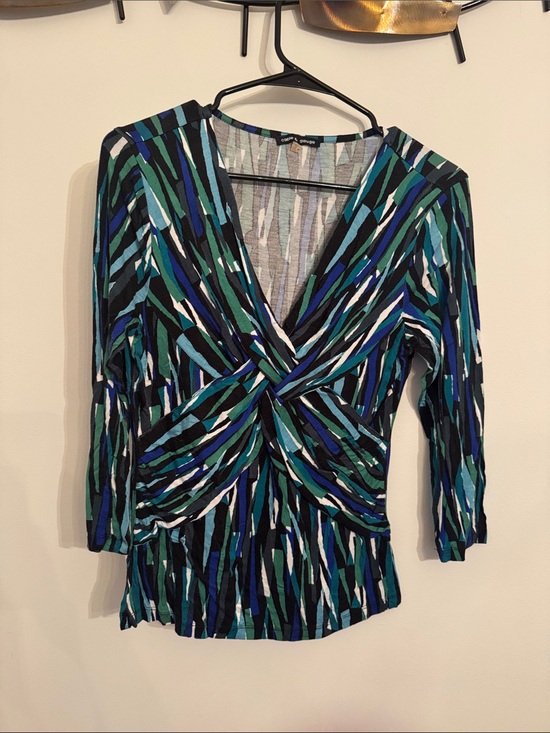 Cable & Gauge Tops - Cable & Gauge Teal, Blue, Black & White Twist-Front V-Neck Blouse Box 006